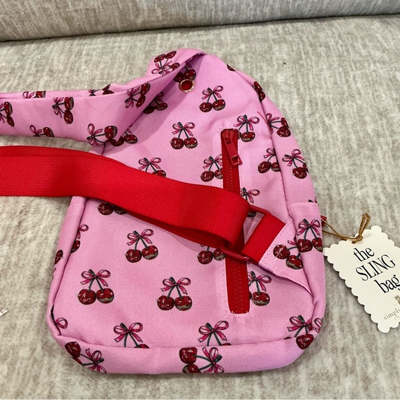✨💎NWT💎✨ Simply  Southern Pink Cherry Print Crossbody Sling Bag with Red Accents - Picture 7 of 9